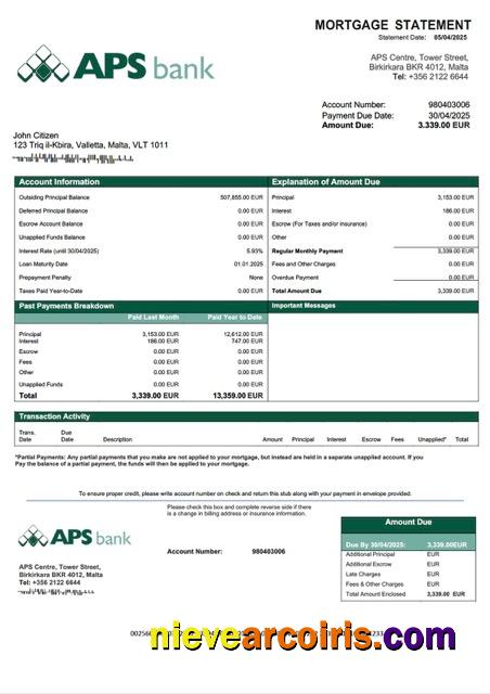 Malta APS Bank PLC mortgage statement Word and PDF template